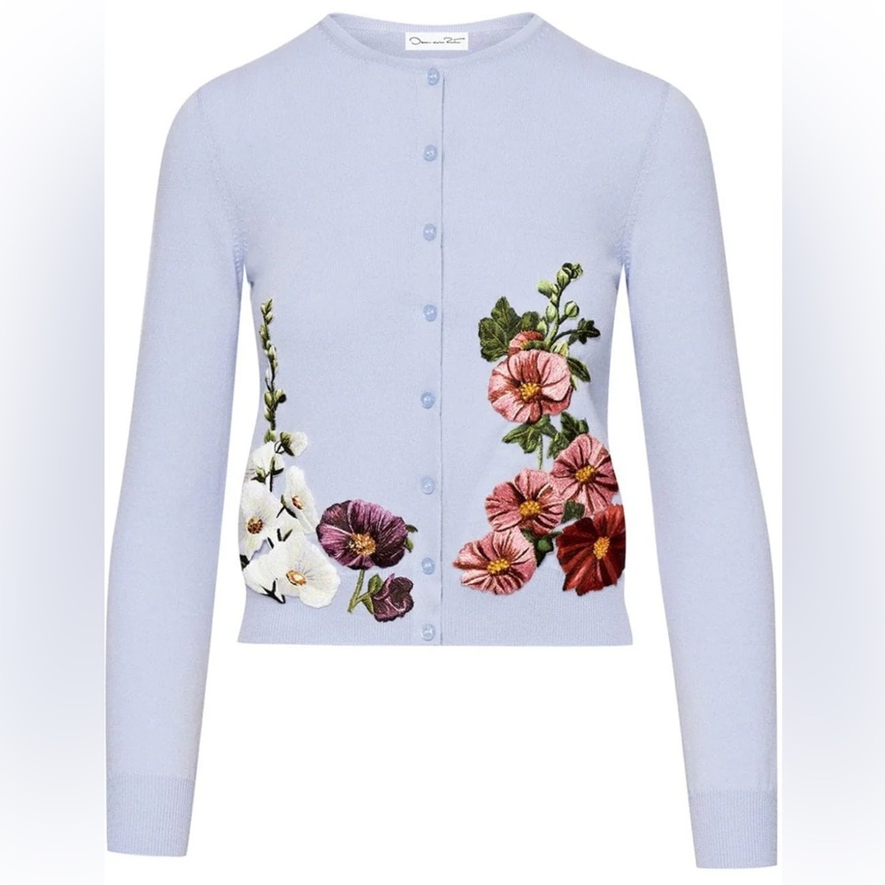 NWT Oscar de la Renta Hollyhocks Threadwork Embroidered Wool Cardigan, Size L